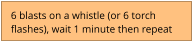 6 blasts on a whistle (or 6 torch  flashes), wait 1 minute then repeat