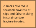 2. Rocks covered in seaweed have risk of slips and falls resulting in sprain and/or fracture injuries.