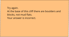 Try again.  At the base of this cliff there are boulders and blocks, not mud flats.  Your answer is incorrect.
