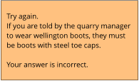 Try again.  If you are told by the quarry manager  to wear wellington boots, they must  be boots with steel toe caps.  Your answer is incorrect.