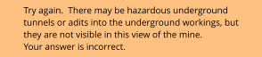 Try again.  There may be hazardous underground tunnels or adits into the underground workings, but they are not visible in this view of the mine. Your answer is incorrect.